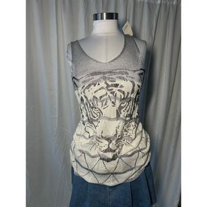 Grifflin Paris Womens Tiger Graphic Knit Tank Top White Silver Metallic Mesh M